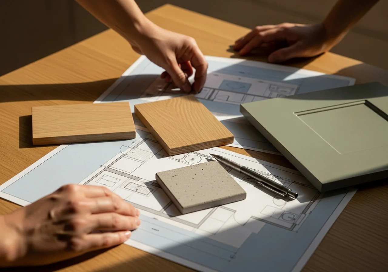 Gemeinsame Küchenplanung: Hände über Grundriss mit Musterplatten Eiche, Beton und Salbei